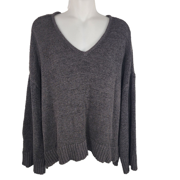 LOFT Womens Pullover Sweater Oversized Large Gray Long Sleeve V Neck Knit Slouch - Picture 1 of 11